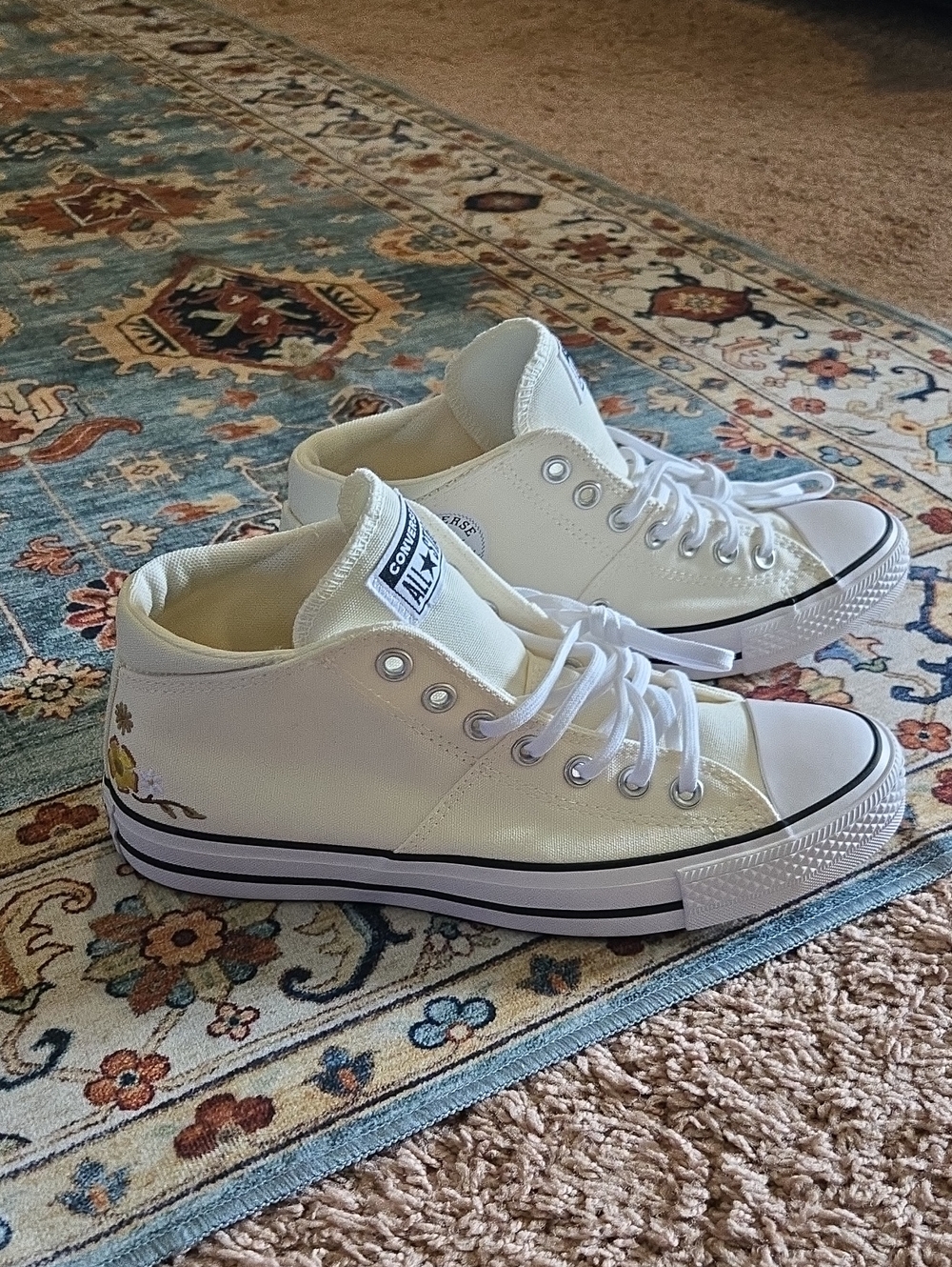 Converse Cream & White High-Top Canvas Sneakers with Subtle Floral Detail